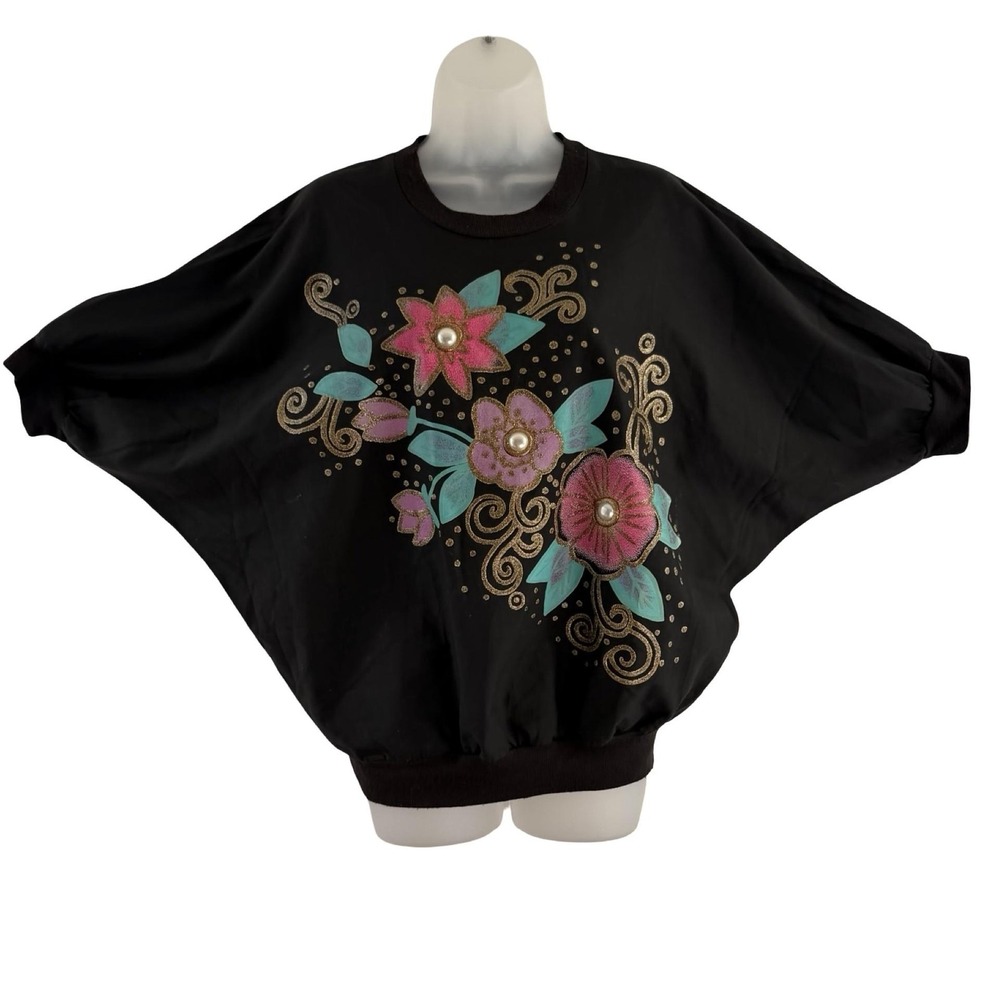Vintage Sassy Phillips Sweatshirt Womens Medium Black Dolman‎ Floral Pearl 80s